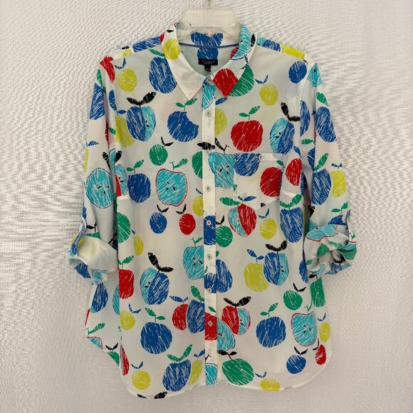 TALBOTS Multi-Color Apple Print Roll Tab Sleeve Shirt - Picture 3 of 5